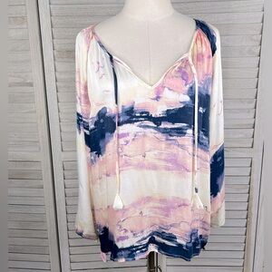 LOVESTITCH Boho Blouse Tassel Tie Pink/Blue Multi-M/L